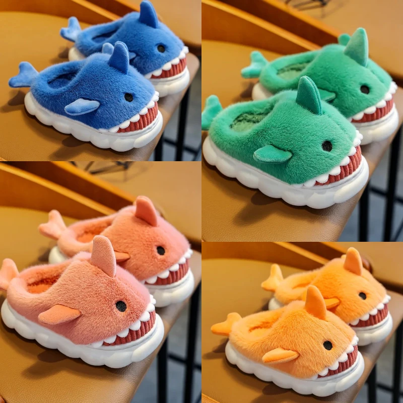 Winter Autumn Cute Cartoon Shark Shaped Fuzzy Slippers Children\'s Non-slip Soft Cotton Slippers Kids Boys Girls Warm Home Shoes