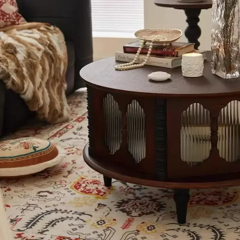 레트로 원목 커피 테이블 조합 소형 아파트 거실 고급스러운 느낌 중형 앤티크 원형 낮은 테이블