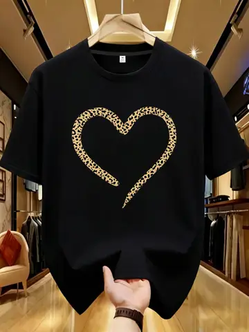 【YJ00043】leopard print heart Plus size women's round neck short sleeve T-shirt with elastic half sleeves and trendy prints