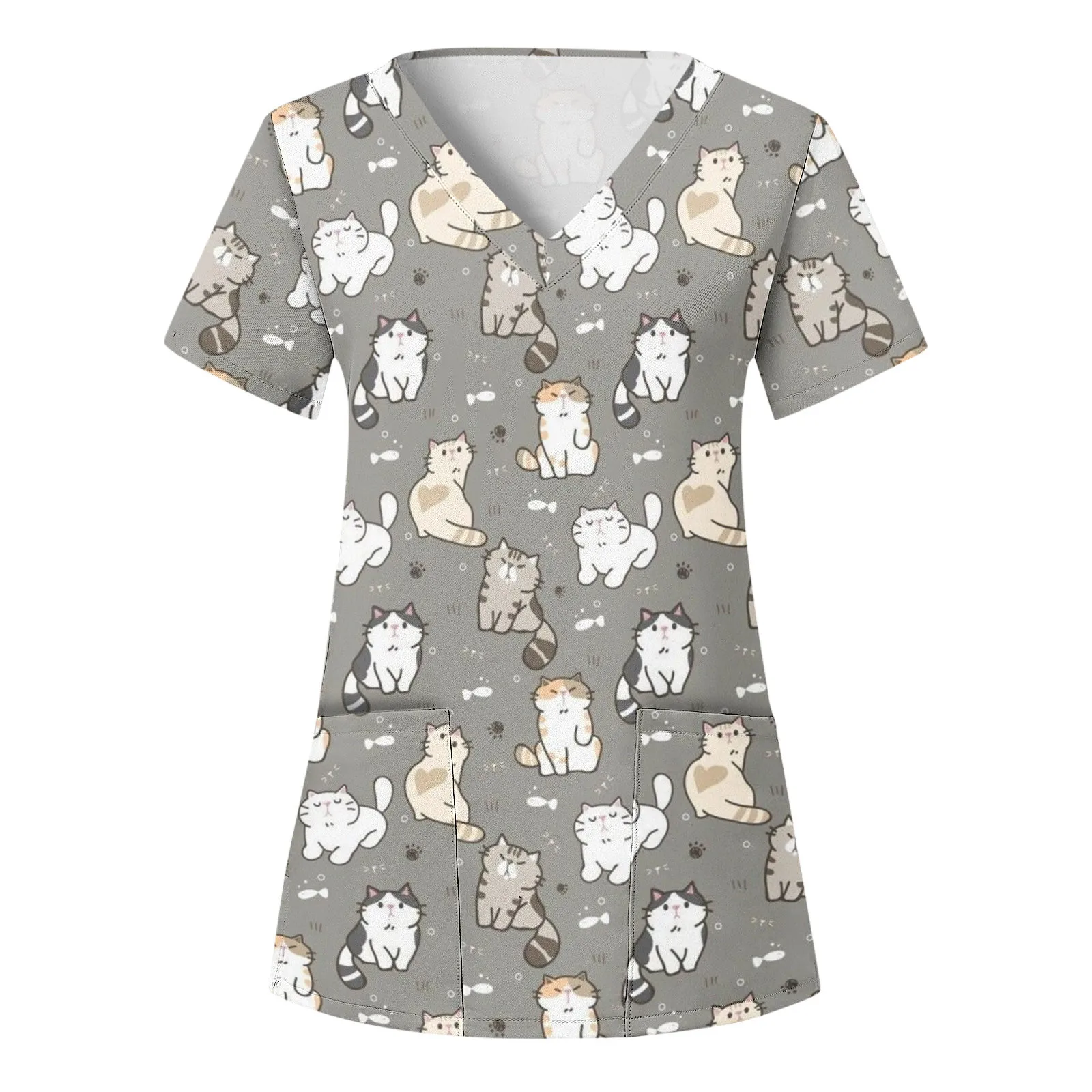 Women Cat Animal Printed Medical Nurse Uniform Short Sleeve Work Overalls Blouse Scrubs Nursing Accessories Uniforms Scrubs Tops