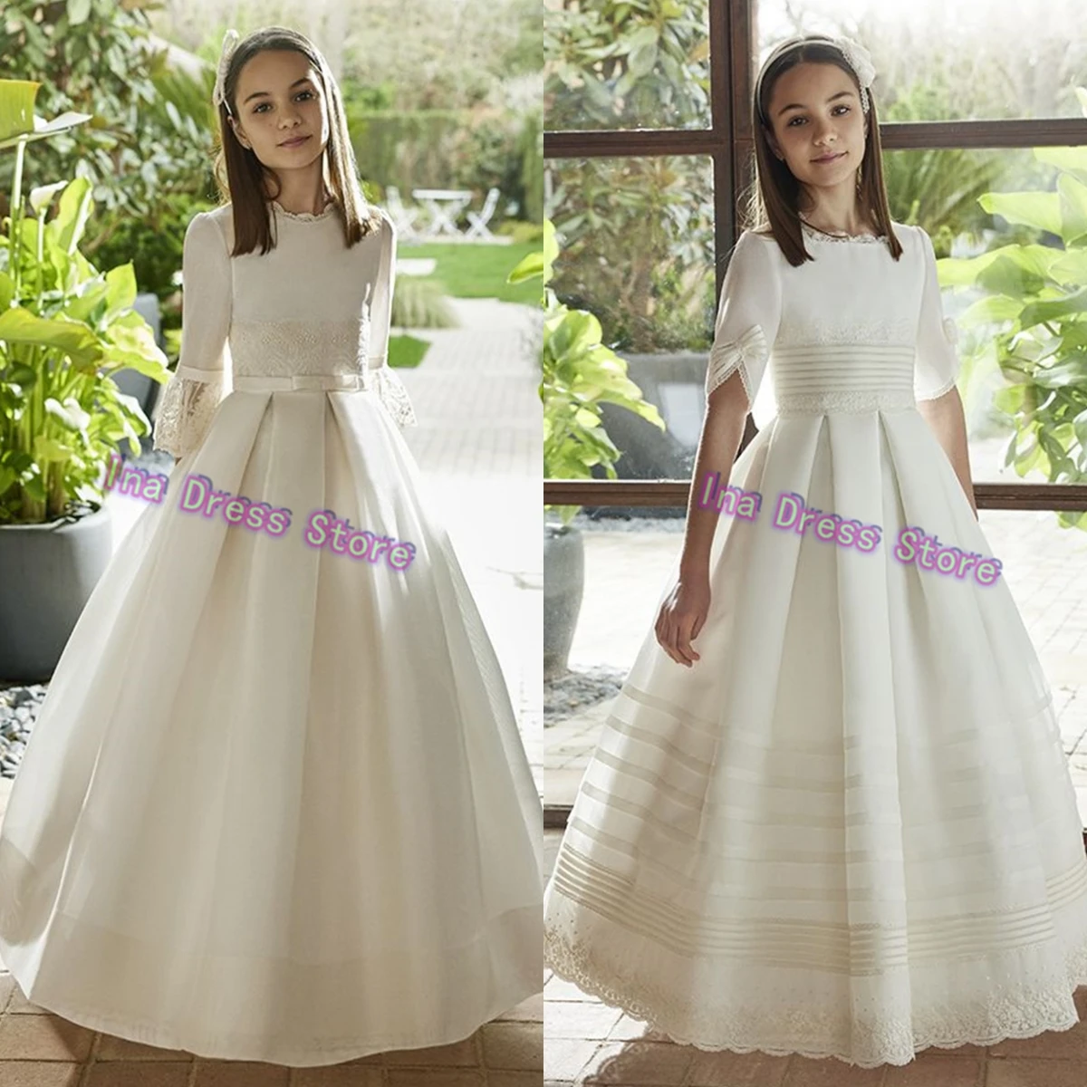 Vestidos de primera comunión de satén personalizados, vestidos de novia de corte a, vestido de flores de marfil para niñas, vestido de noche para fiesta de cumpleaños para niños