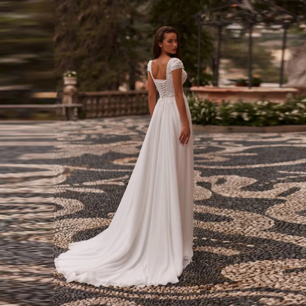 Personalizar vestido de casamento de praia personalizado com decote em v manga boné miçangas apliques chiffon divisão uma linha vestido de noiva espartilho vestido de noiva