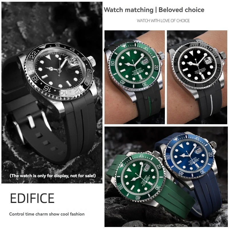 남성용 곡선 엔드 실리콘 다이빙 시계 밴드, 롤렉스 서브마리너 그린 헐크, 오메가 씨마스터, 방수 고무 스트랩, 20mm