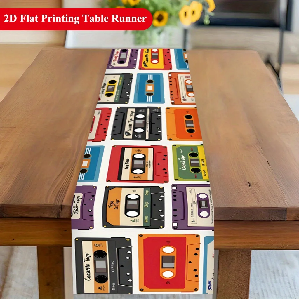 Retro Cassette Tape Table Runner Single Sided 2D Print Polyester Decor for Dining Room Kitchen Home Party Music Nostalgic Vibe