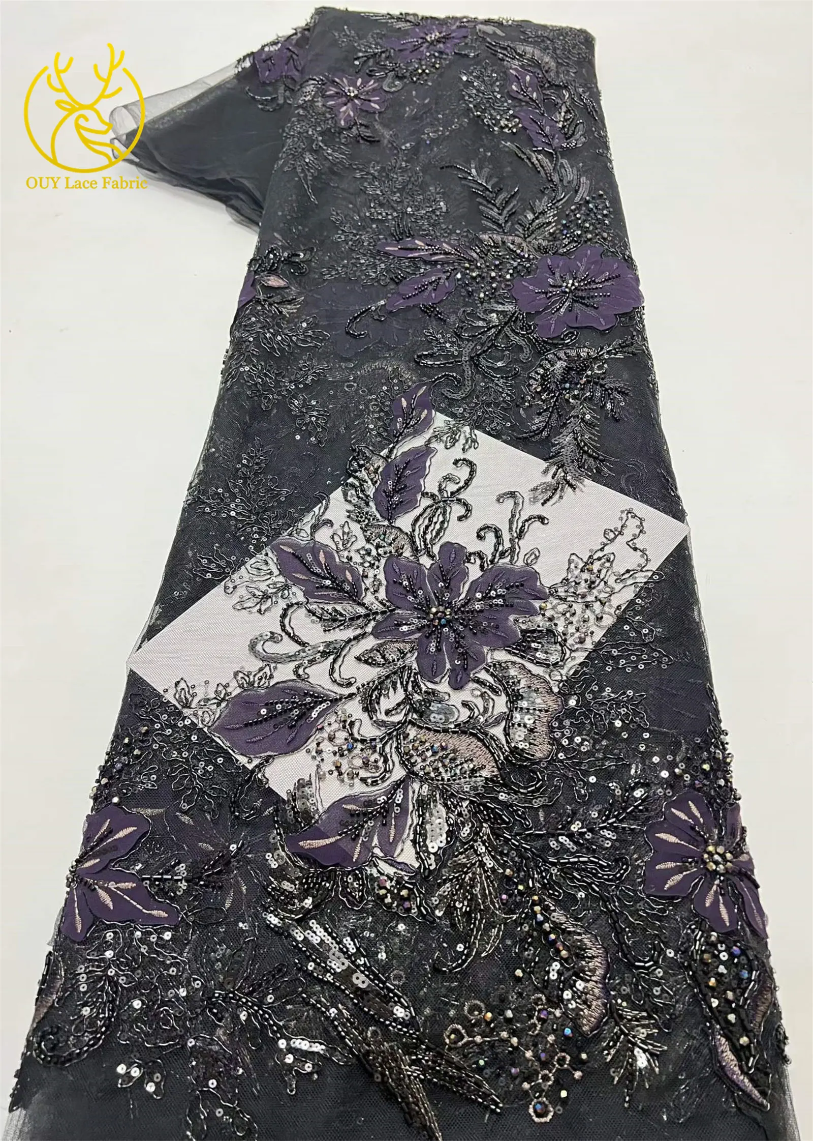 Neuester luxuriöser afrikanischer bestickter Spitzenstoff mit Perlen und Pailletten, 5 Yards französischer Tüll-Spitzenstoff für Party- und Hochzeitskleider zum Nähen. – Detail 16