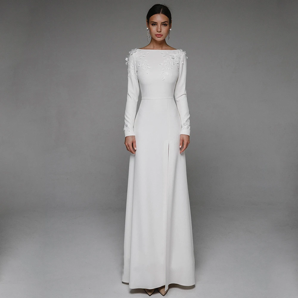 Vintage Civil Wedding Dress For Bride Long Sleeve Boat Neck Applique Floor Length White Bridal Gown Свадебное платье Backless