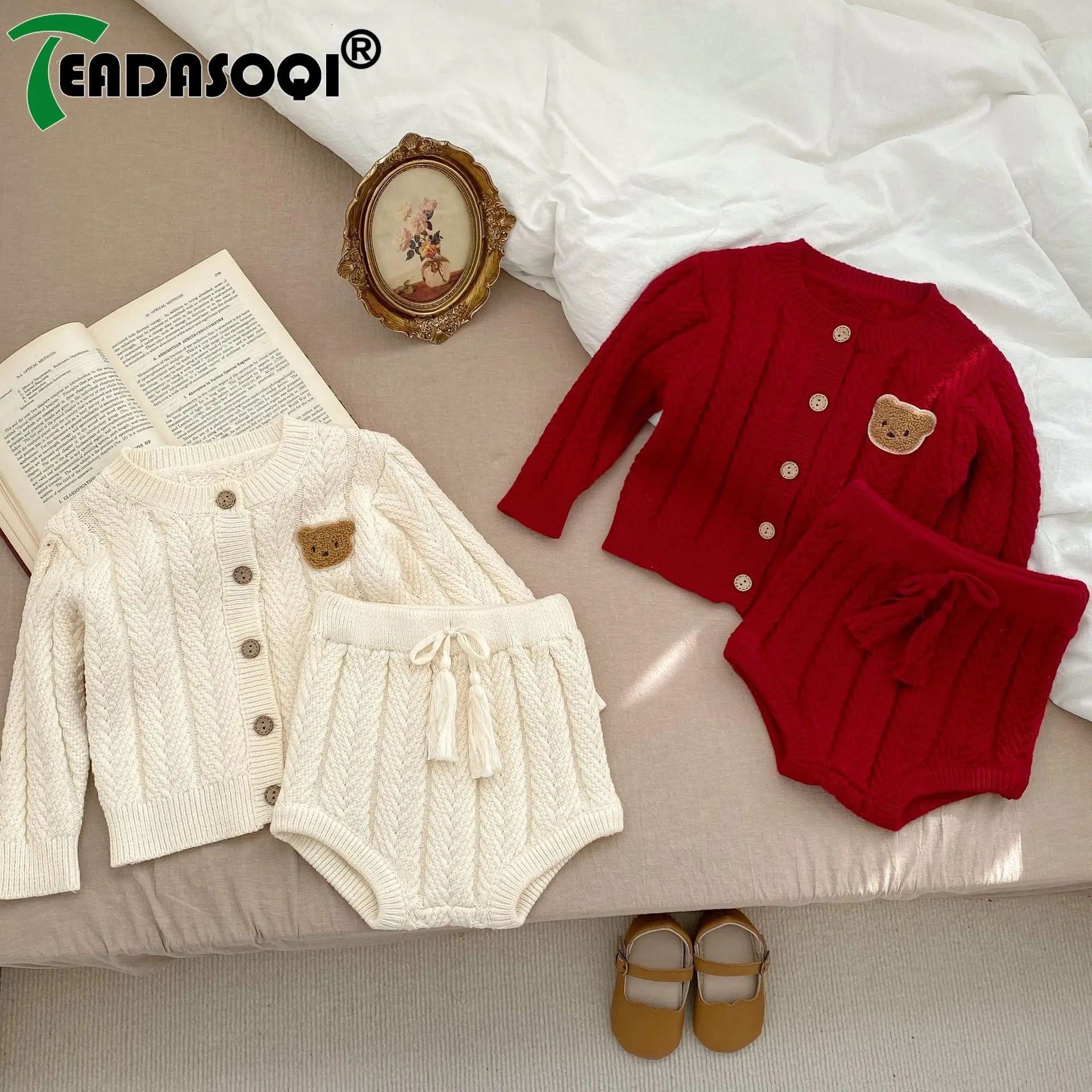 

2023 Autumn Newborn Baby Boys Girls Knitted Top Jacket Sweater + Shorts - Full Sleeve Bear Red Clothing for Infant Kids (0-3Y)