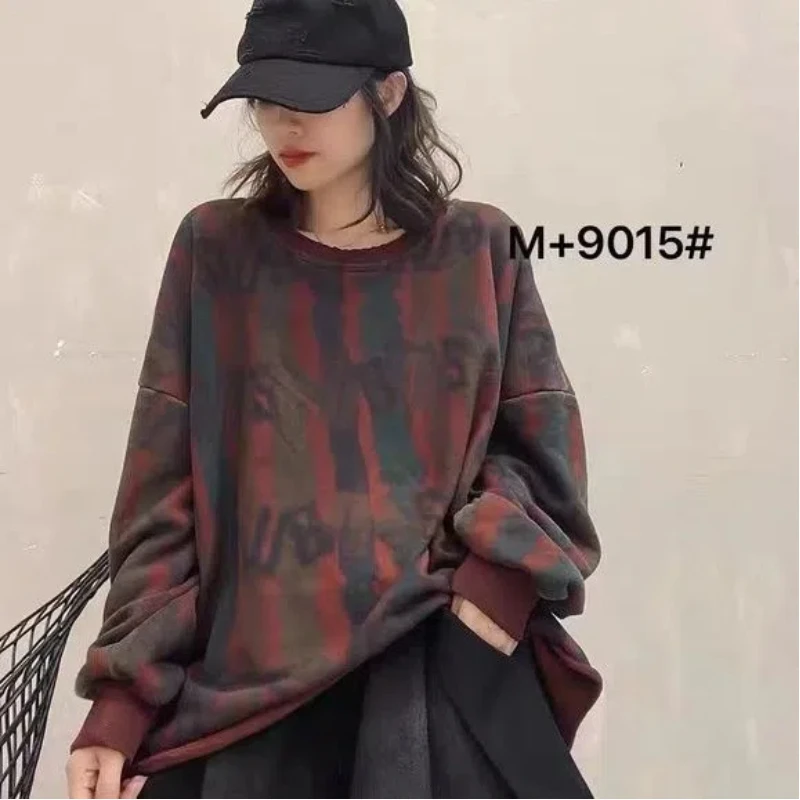 

Vintage Fashion Spring Autumn New Women's O-Neck Distressed Printing Striped Korean Casual Long Sleeve Pullover Sweatshirts Tops