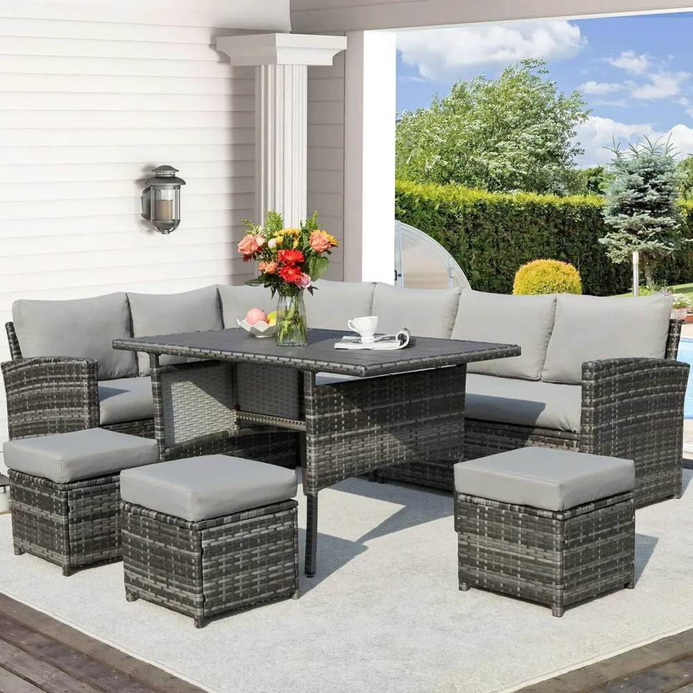 

7 Pieces Patio Furniture Set, Wicker Rattan Couch Dining Table & Chair with Ottoman, Wicker Rattan Patio Furniture Set