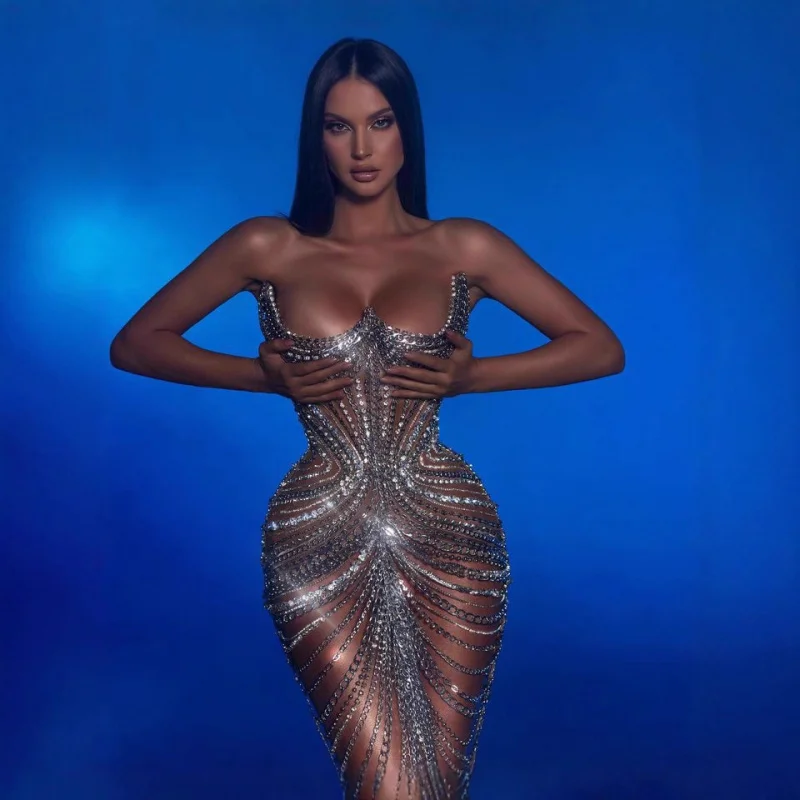 

New Arrival Women's Spaghetti Strap Heavy Metal Chain Brick Chain Sexy Short Dress for Photoshoot Party Stage Bar Dress