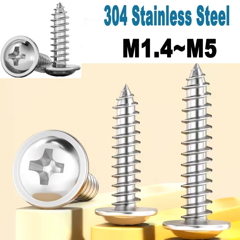

304 Stainless Steel Cross Phillips Wood Screws 5-30pcs - M1.4 M1.7 M2 M2.3 M2.6 M3 M3.5 M4 M5 Round Head with Washer