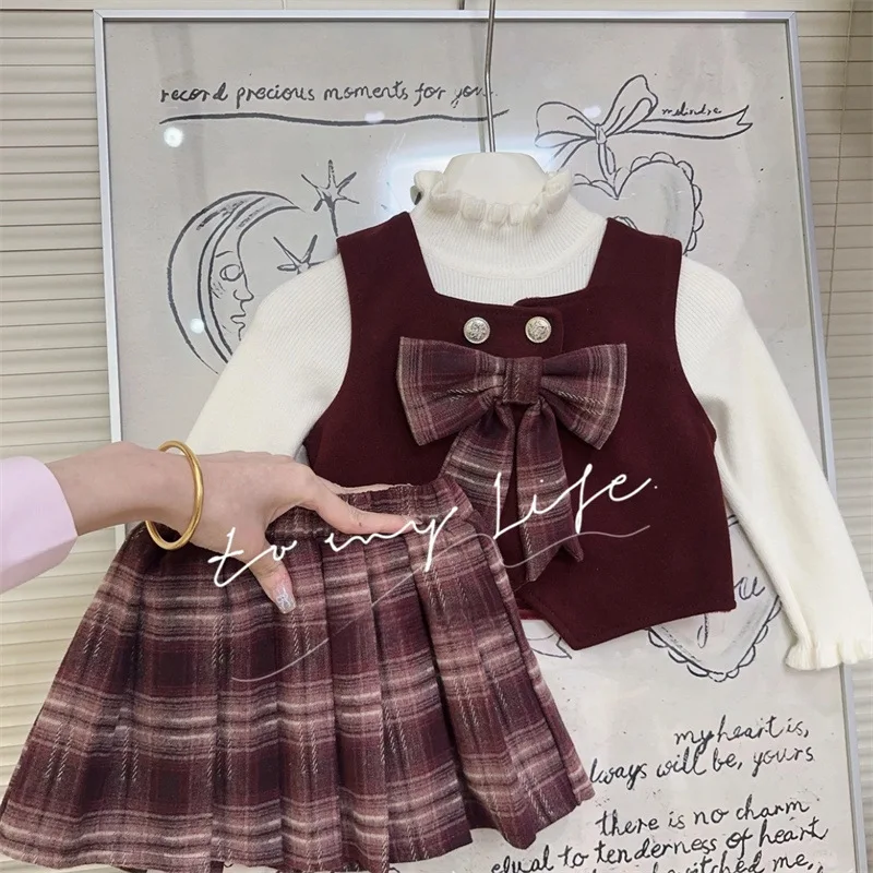 

2025 Autumn Winter Girls Fashion Outfits Vest Skirts 2-Piece Set for Toddler Kids Warm Sweater Casual Preppy Style Outfit