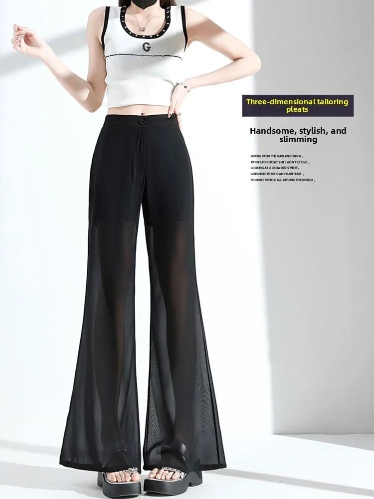 Pantaloni da abito in chiffon di seta di ghiaccio a vita alta a gamba larga sottili pantaloni casual lunghi fino al pavimento per le donne estate comoda vestibilità ampia