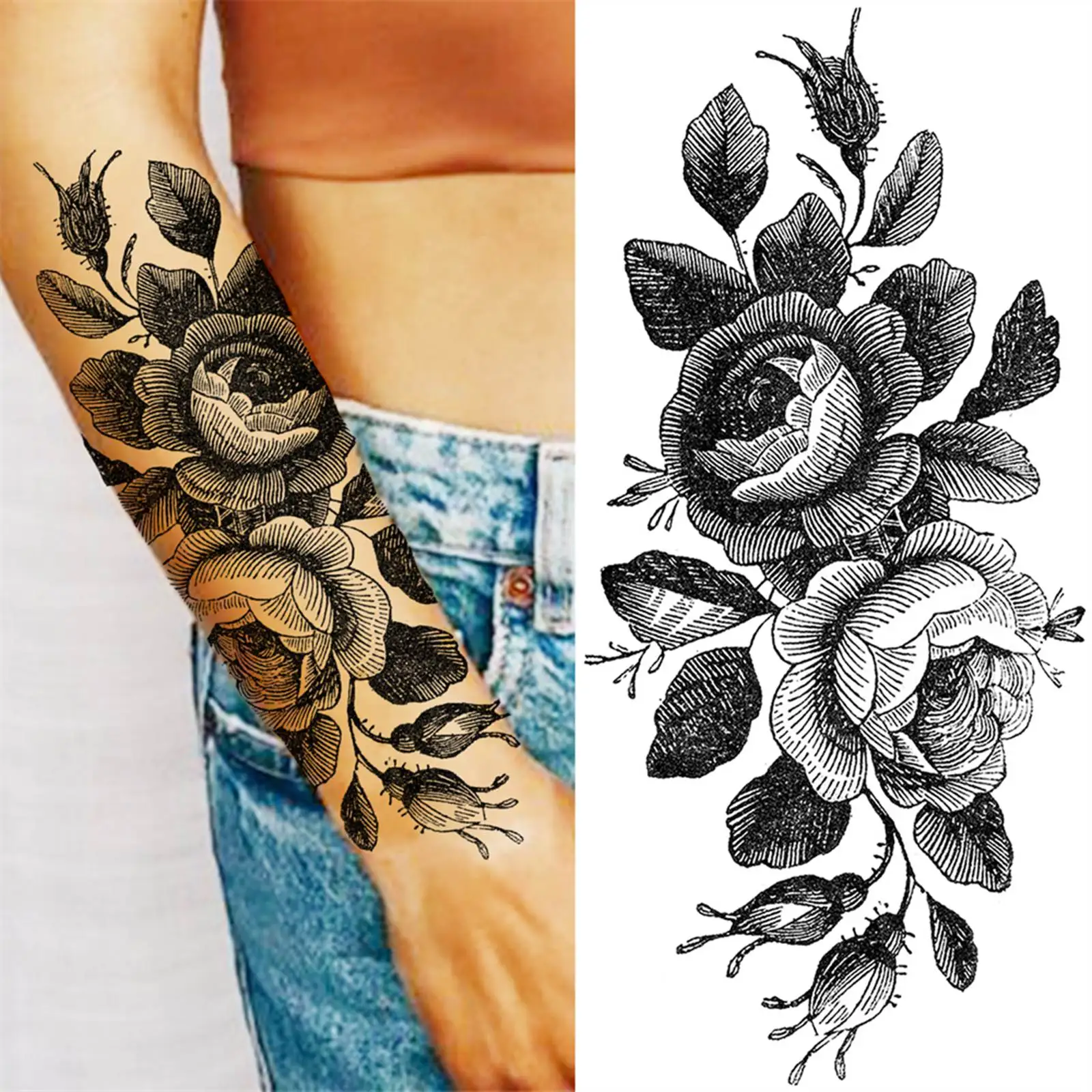 1 Sheets Black Flower Temporary Tattoos For Women Adults Peony Rose Waterproof Fake Rose Temp Tattoo Sticker Transferable Sleeve