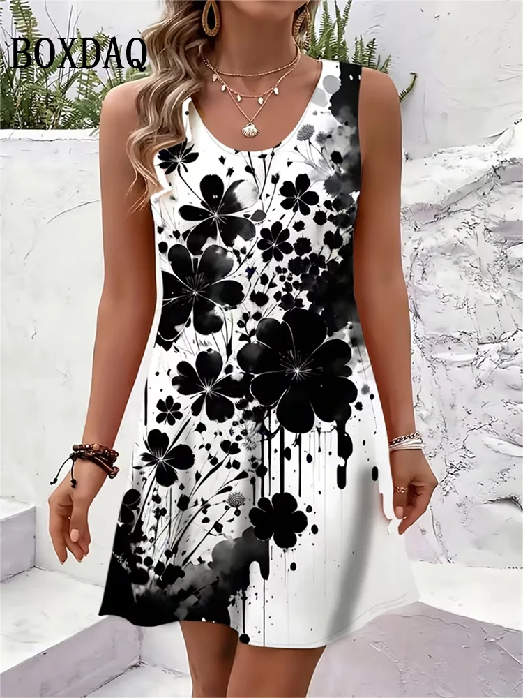 New 2026 Summer Dresses Women's Abstract Tie Dye 3D Print Dress Fashion Casual Sleeveless Beach Loose Short Dress Sundress Vest