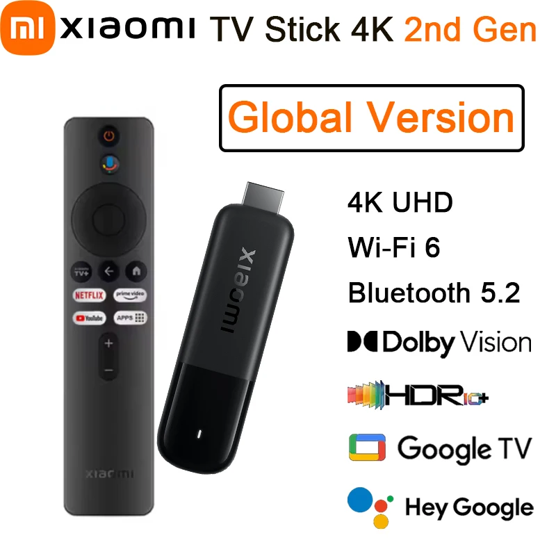 НОВАЯ глобальная версия Xiaomi TV Stick 4K 2-го поколения 2 ГБ ОЗУ 8 ГБ ПЗУ BT5.2 Dolby Vision HDR10+ Wi-Fi 6 ТВ-ключ Портативная потоковая мультимедиа