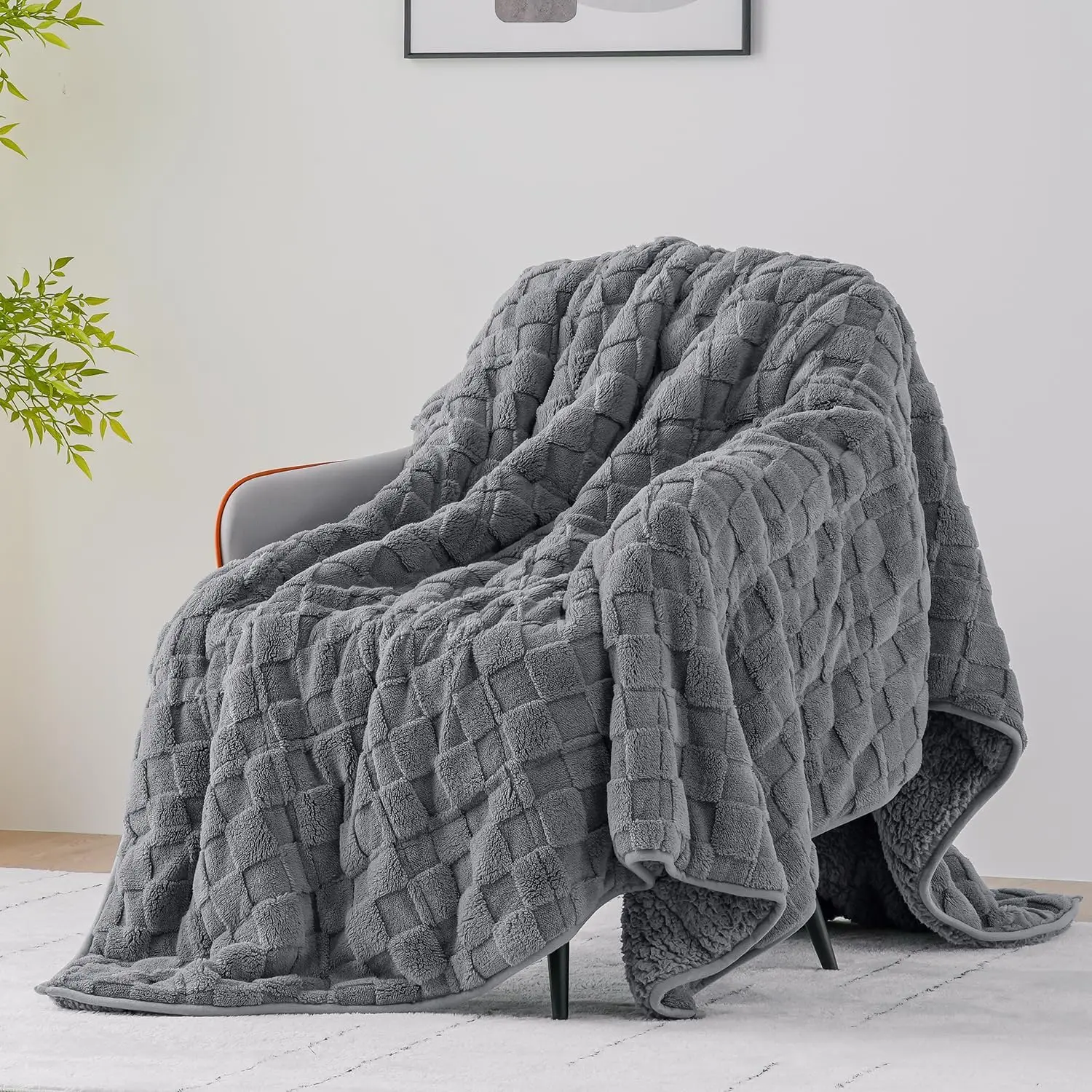 

Sherpa Fleece Weighted Blanket Full Size(12Lbs, 48"" X 72"", Grey), 3D Jacquard Checkered Warm Sherpa Heavy Blanket For Adults,