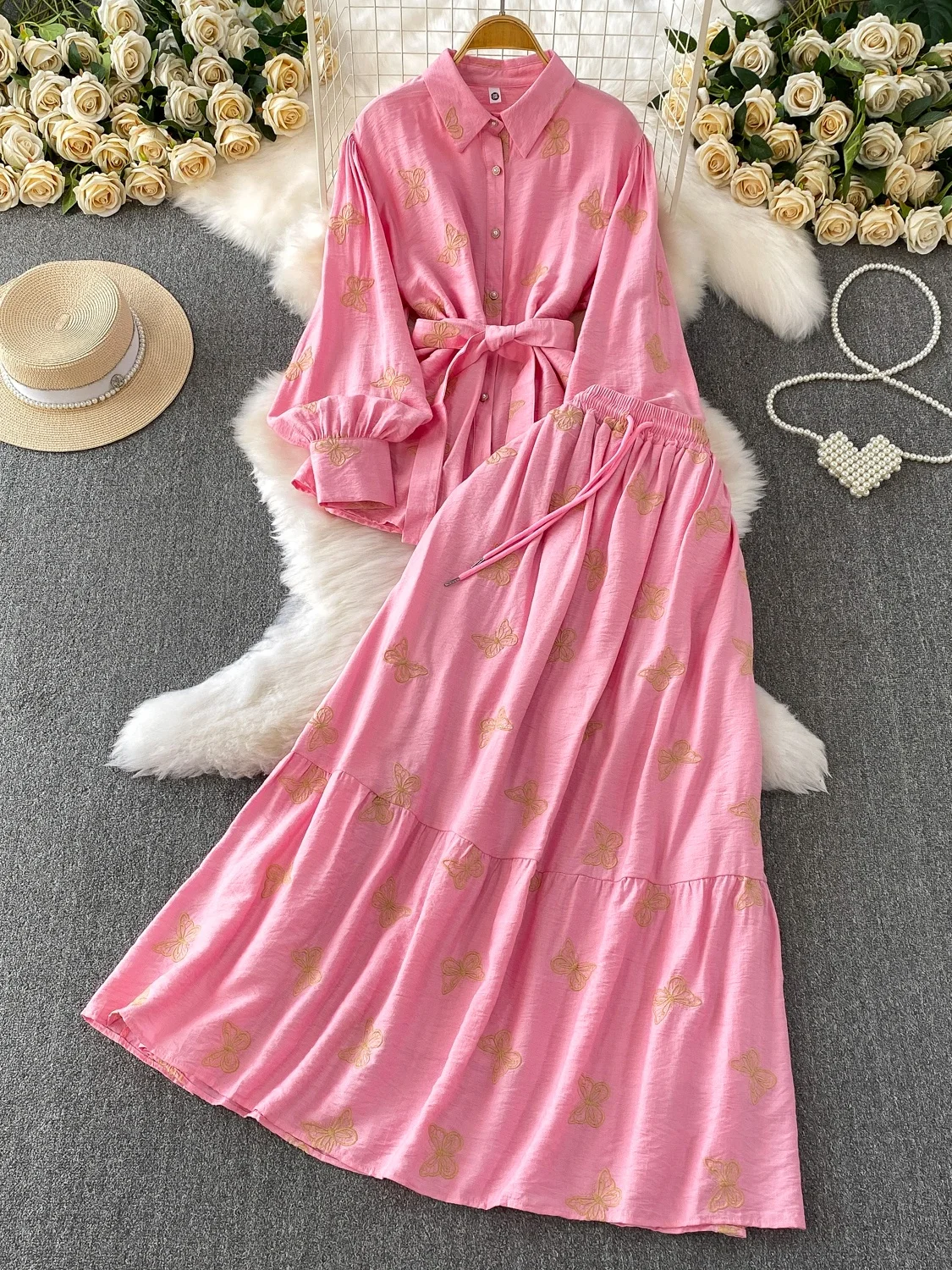 

Ele Retro Sle Long Sve Sun Protection irt Комплект с вышитой юбкой с высокой талией Faionable ...