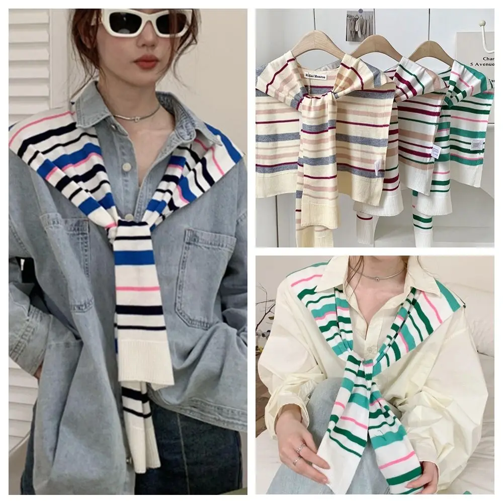 

Blouse Shoulders Fake Collar Stripe Knitted Shawl Solid Color Cape Knit Scarf Scarf Accessories Korean Style Wool Scarves Female