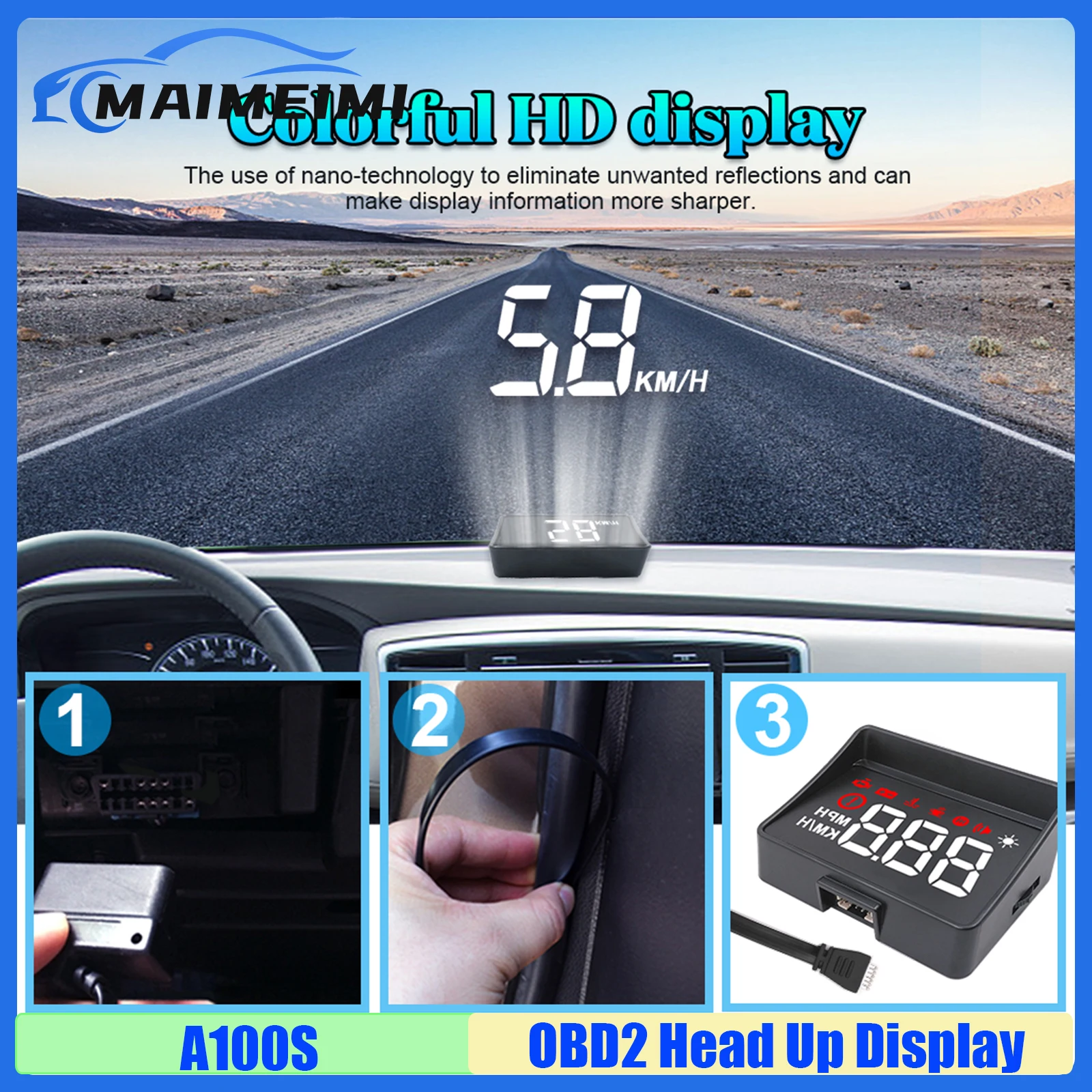 A100S Car HUD OBD2 Head up Display Speedometer Water Temp Voltage RPM/Overspeed/Fault Alarm Fatigue Driving Reminder Custom