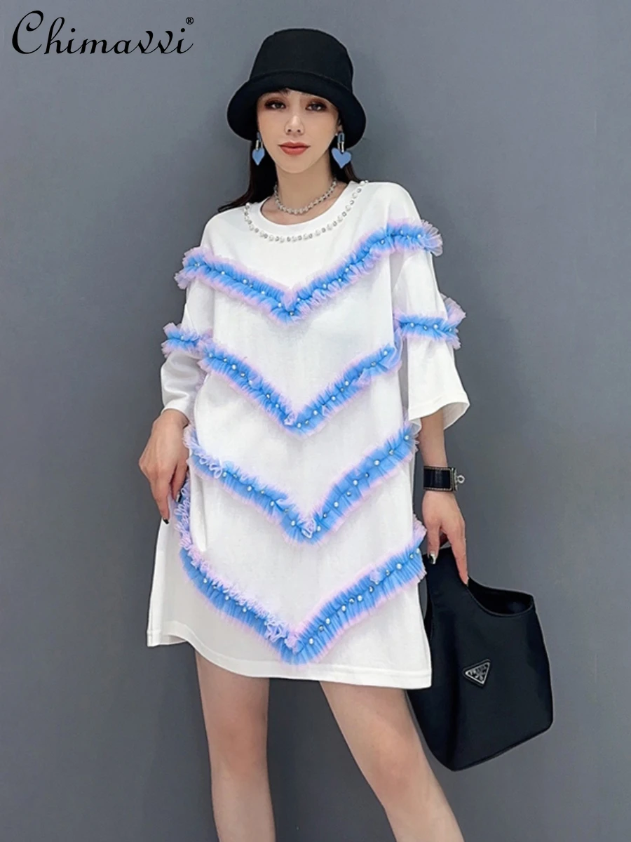 

2024 Summer New Fashion Loose T-shirt Heavy Industry Rhinestone Short Sleeve Mesh Fungus Casual Round Neck Women's Tees Top