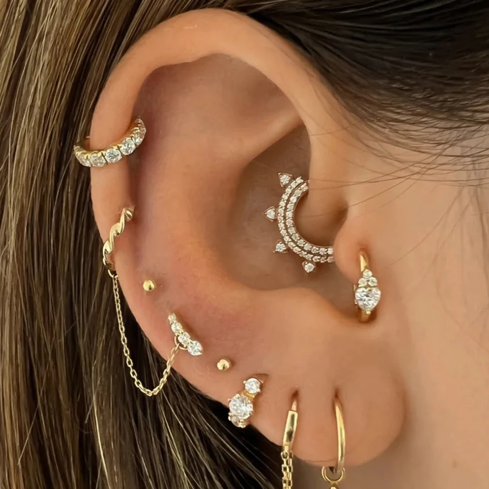 925 Sterling Silver Puncture Hoop Earring European and American Double Row Zircon Point Nail Cartilage Earring Jewerly