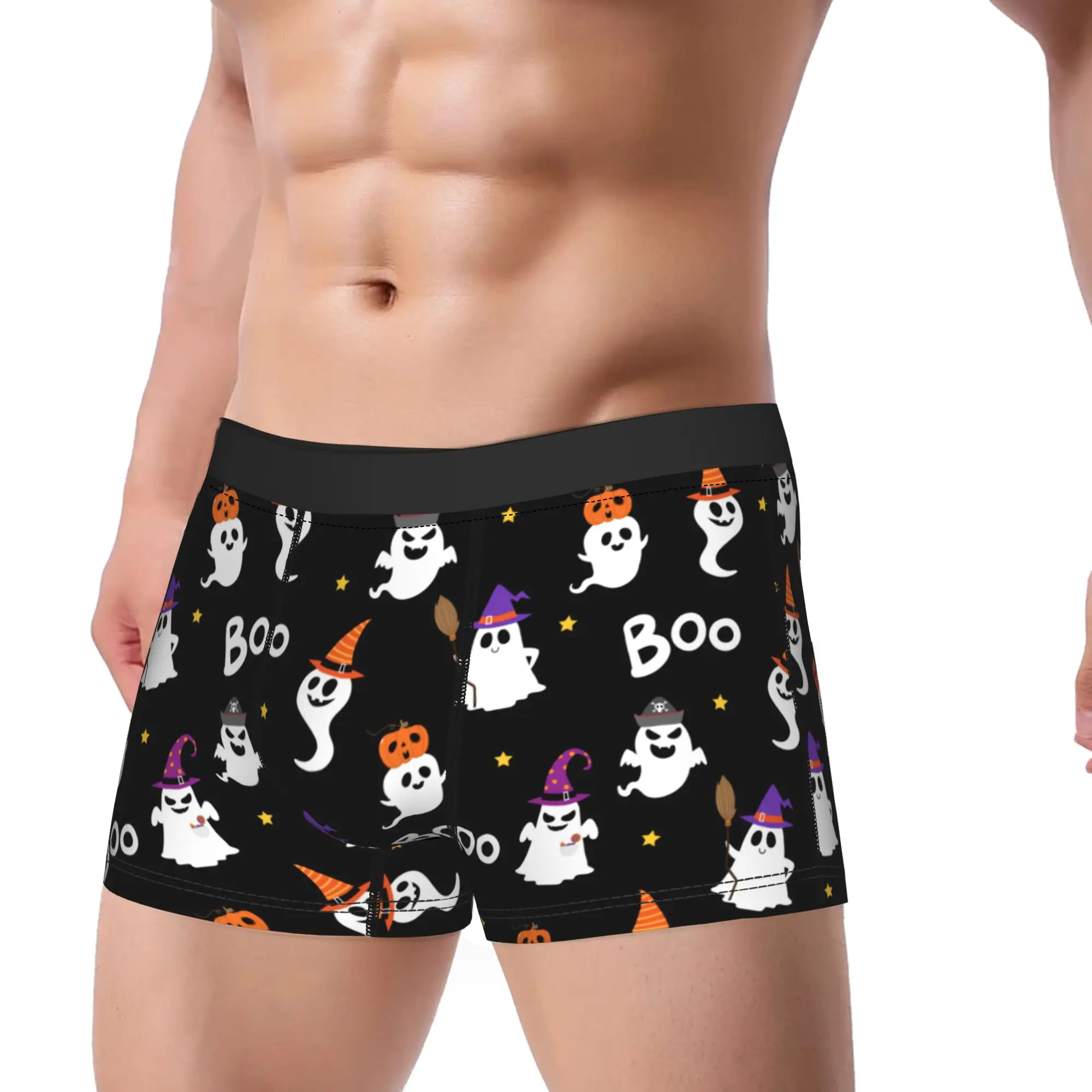 Men Happy Halloween Party Long Underwear Cute Ghost Funny Boxer Briefs Shorts Panties Male Breathable Underpants M-XXL