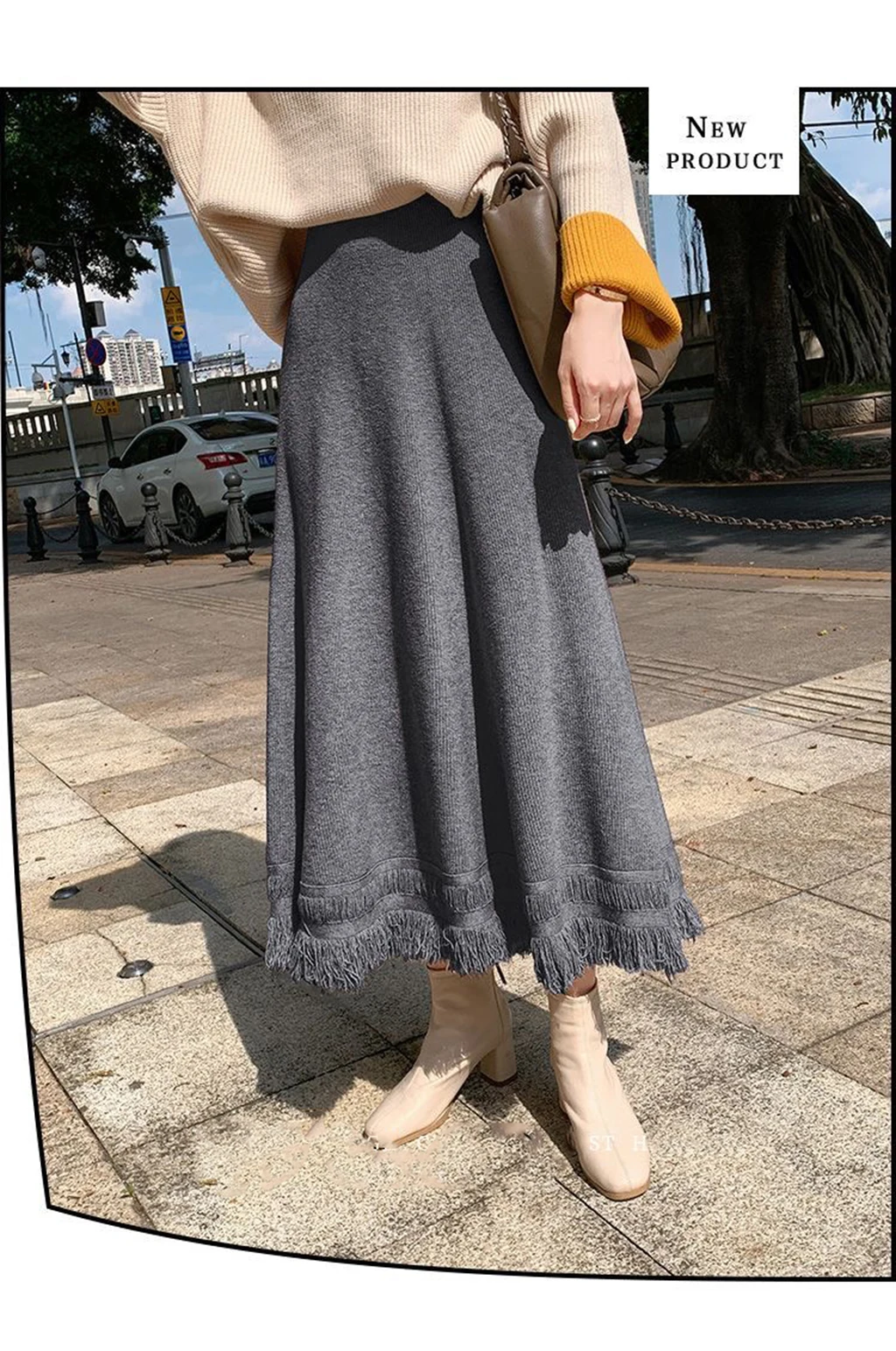 تنورة نسائية كلاسيكية للخريف جديدة بشراشيب صلبة من الصوف الكوري بخصر عالٍ مرنة متوسطة الطول تنورة محبوكة ضيقة على شكل حرف a