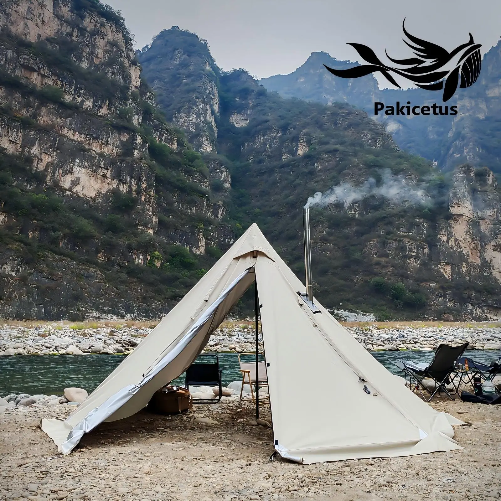 PAKICETUS Hot Tent mit Schornsteinöffnung und Schneeschürze, 5,24ft~7,21ft Stehraum, für 2-4 Personen, 4-Jahreszeiten-Rucksackzelt, Tipi-Zelt