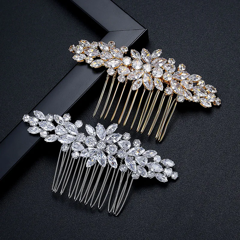 

SLBRIDAL Luxury Trendy Prong Setting Cubic Zircon Bridal Hair Comb Wedding CZ Headpieces Women Girls Jewelry Hair Accessories