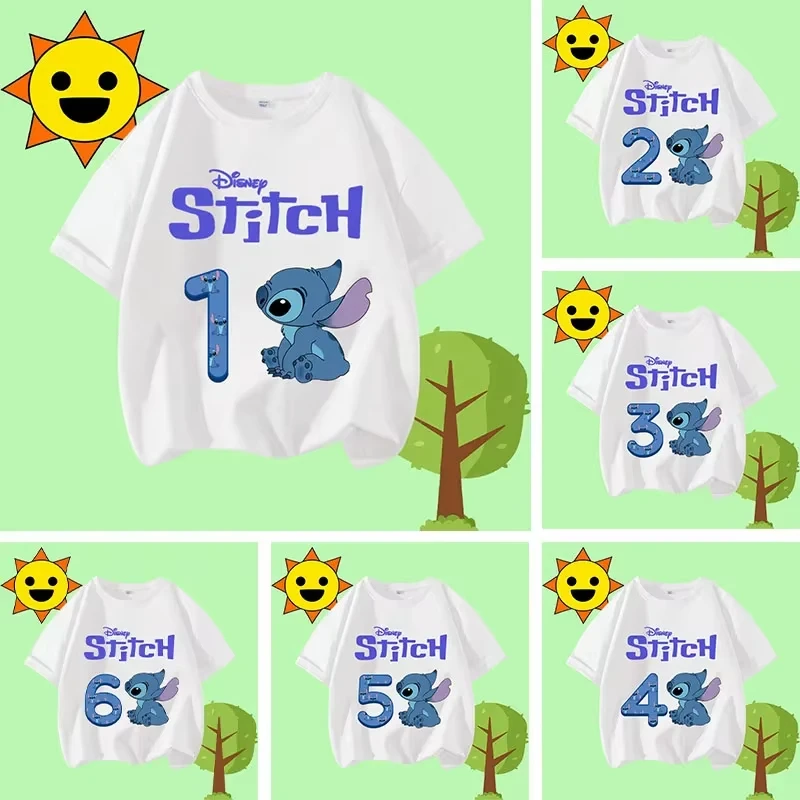 

Children's Round-neck Short-sleeved Stitch Cartoon Print 1-12 Years Old Disney Summer T-shirt for Boys and Girls, Casual Shirt