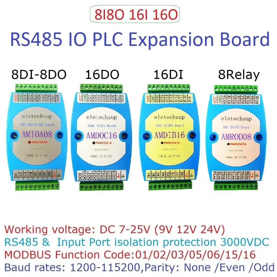 8DI-8DO 16DI 16DO RS485 Isolated Digital Input Output MODBUS RTU PLC Expansion