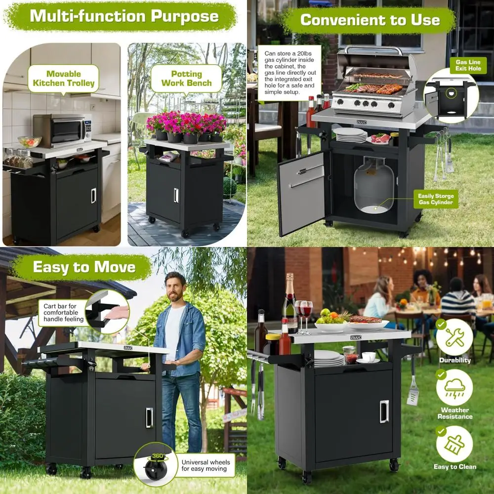 

Outdoor Kitchen Island with Storage, Rolling Prep Table, Stainless Steel Top, 20x30 for BBQ, Patio, Deck