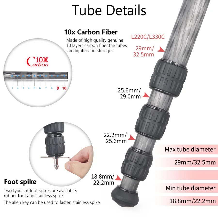 GEEHOPE L220C/L330C Compact Carbon Fiber Tripod Professional Camera Stand for DSLR Video Camcorder Load 25kg add Center Column