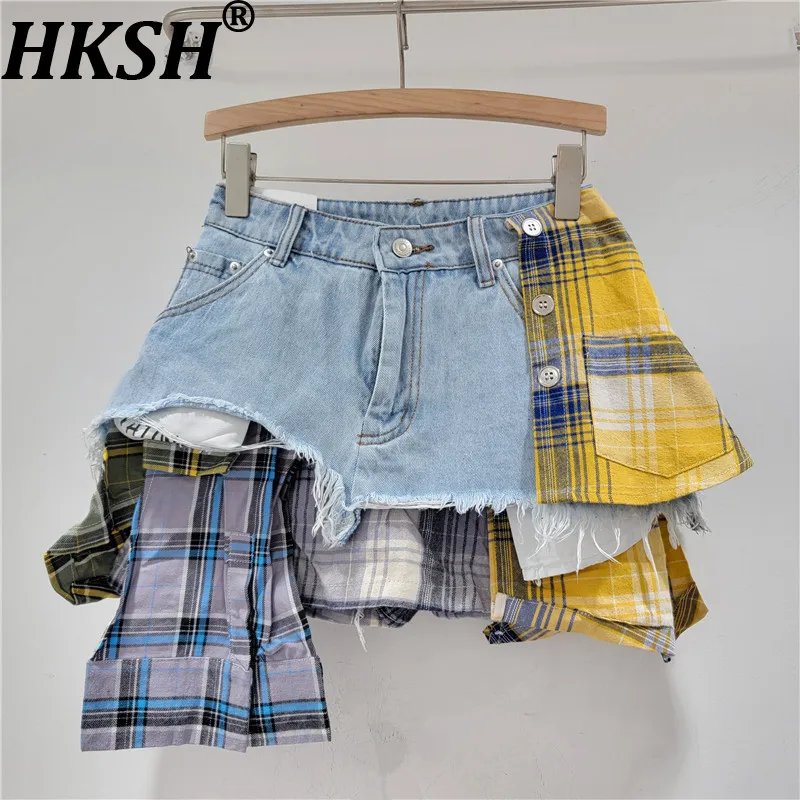 HKSH Women American Retro Short Skirt Asymmetric Denim Patchwork Plaid Color Block Ins Trend Y2K A-line Skirts New Summer HK6154