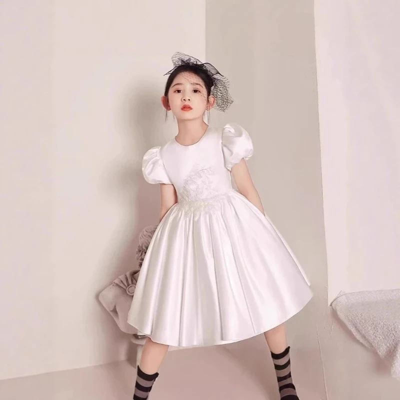 

Цветочный наряд для дня рождения, фортепиано, конкурсный наряд, свадебное платье для девочек, детский костюм, 2024, детское белое атласное платье принцессы для девочек