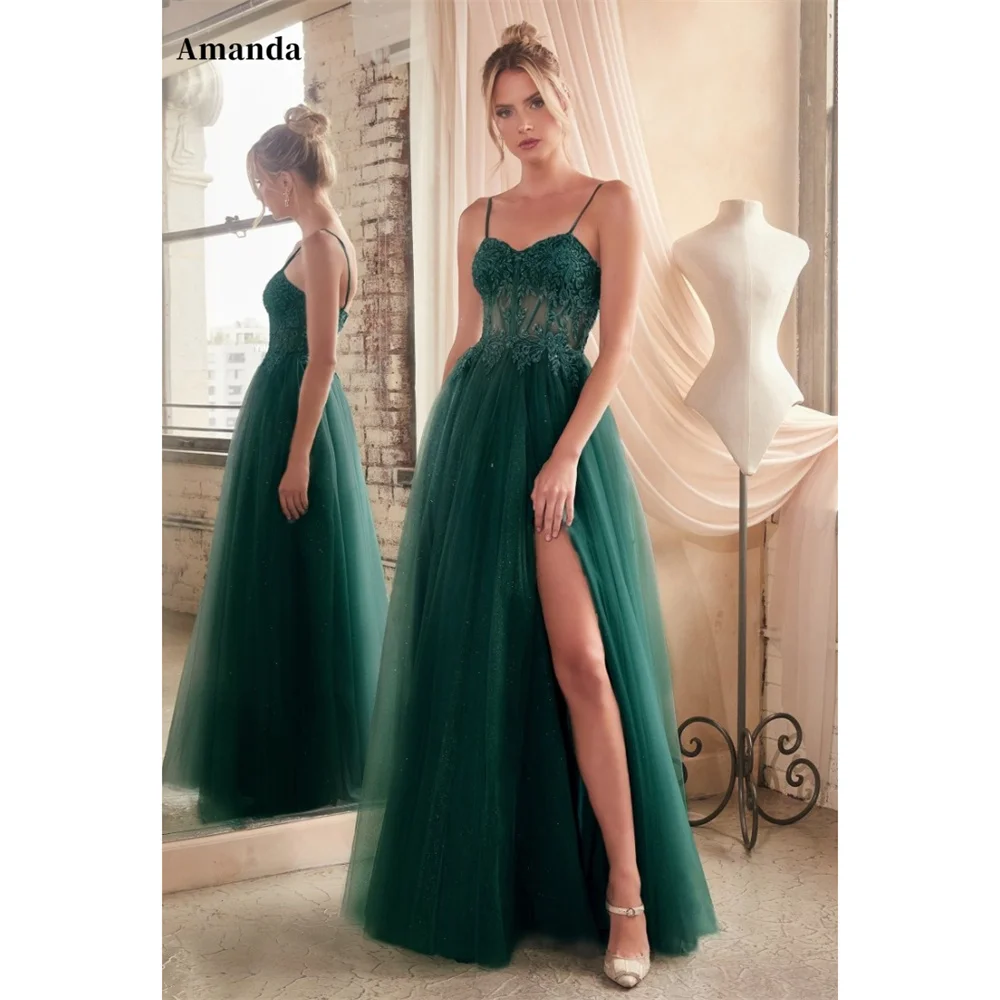 Amanda-vestido de fiesta con tirantes finos para mujer, traje Sexy bordado de encaje con abertura lateral, largo hasta el suelo, 2024