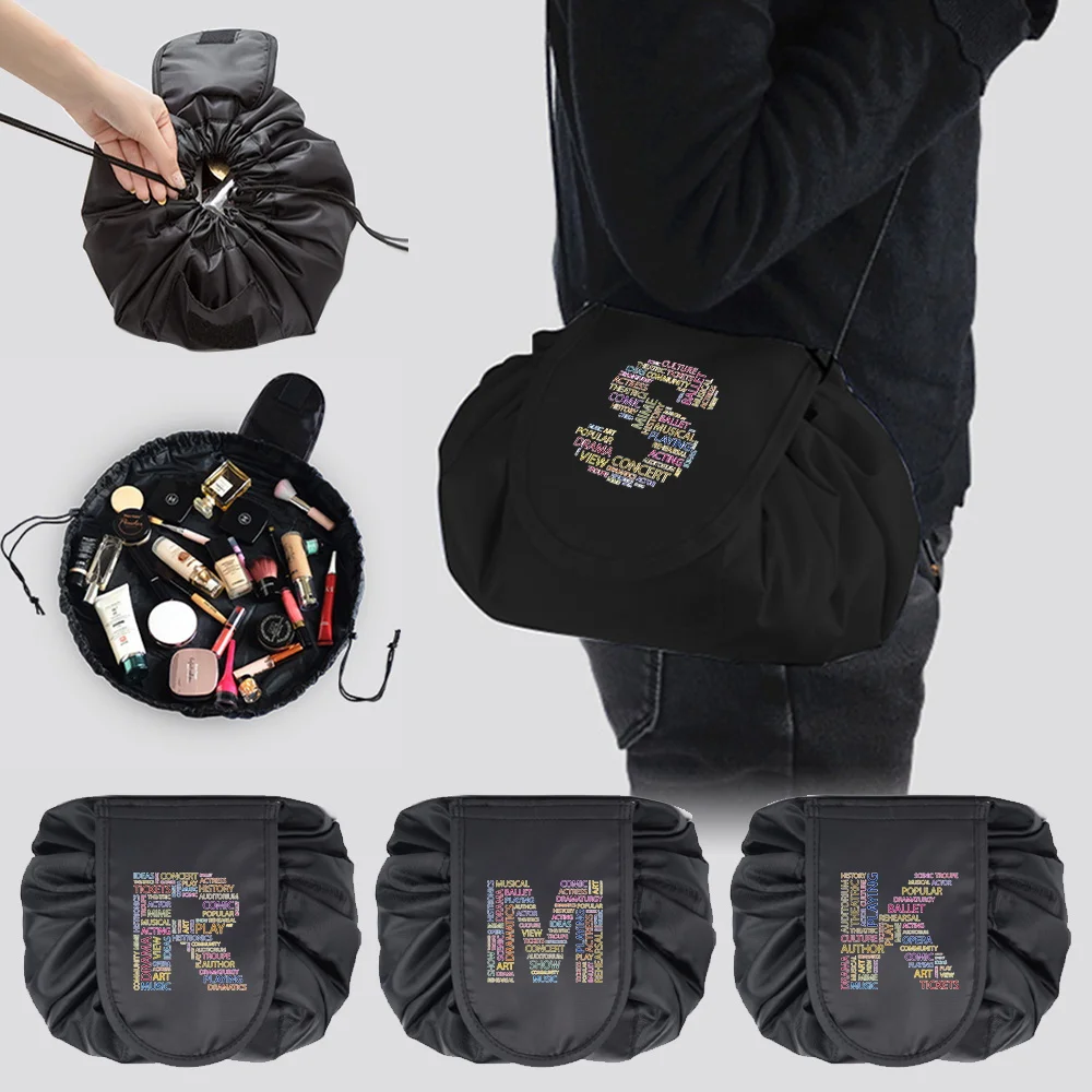 

Women Drawstring Cosmetic Bag 2025 New Makeup Organizer Case Portable Luxury Lazy Bag Text Printing Series Large Capacity