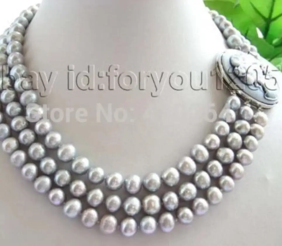 

3rows Natural 9mm Round Gray Pearl Necklace Cameo