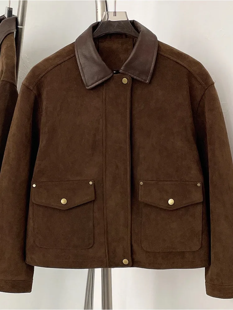 ZMEENNA ダークブラウンフェイクスエードジャケット女性用ボタン 2 つのポケットスタイリッシュで暖かいカジュアル冬アウター ZM4039