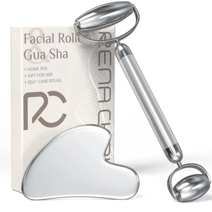 Gua Sha and Face Roller Set: Anti-Breakage Stainless Steel Roller for Long-Lasting Use, Jawline Sculpting and Puffiness Reducin