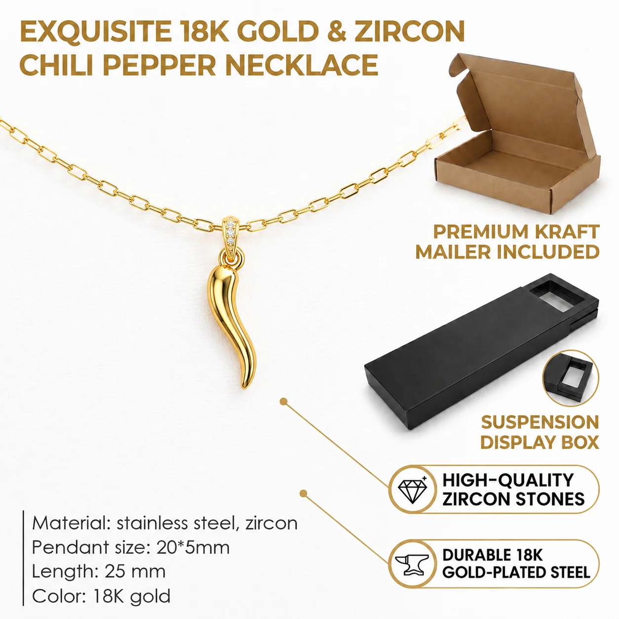 Stainless Steel Chili Pepper Pendant Necklace for Women Paperclip Rope Zircon Chain Minimalist Lucky Charm Jewelry Gift