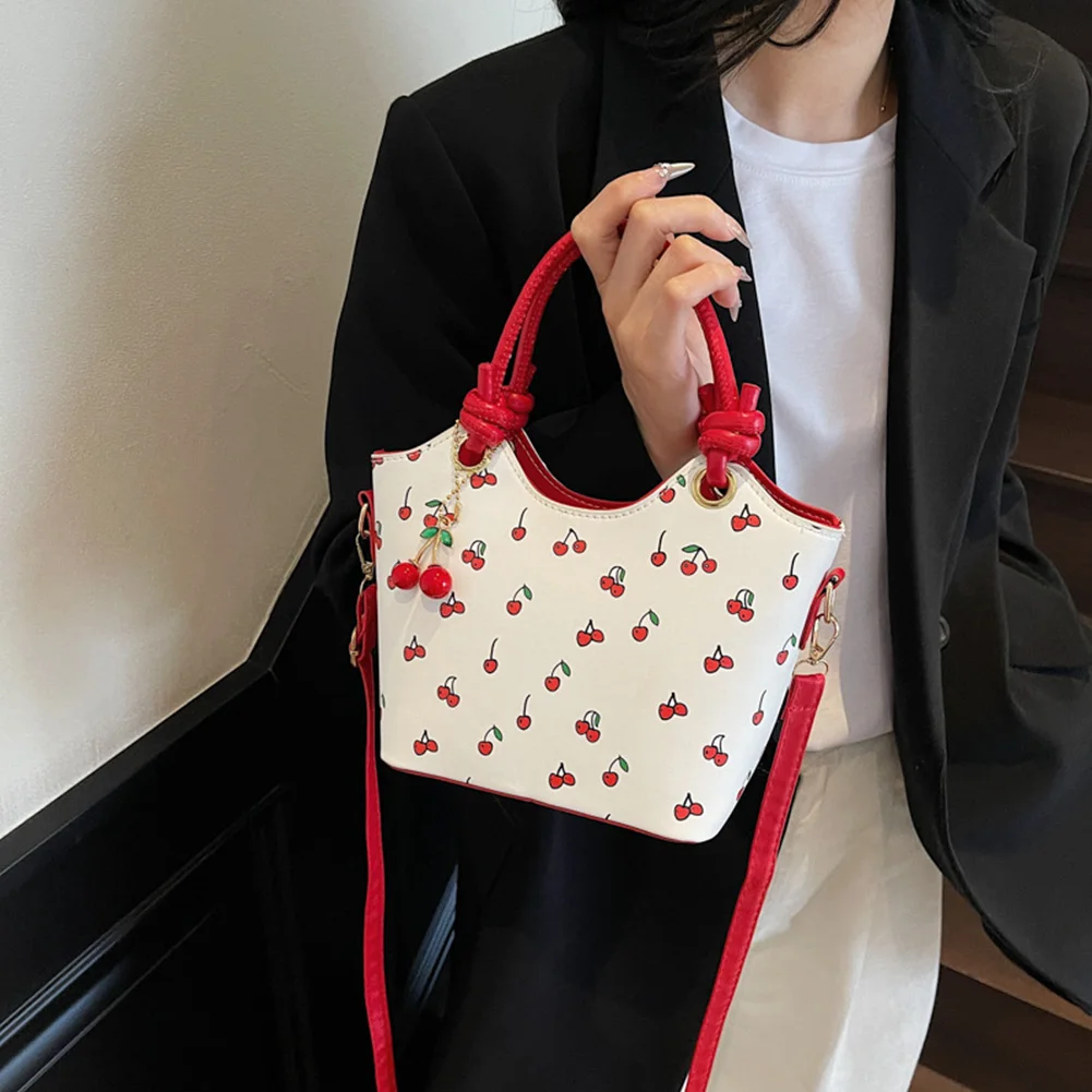 PU Leather Bucket Cherry Printed Crossbody Bag Women Trendy Top-handle Bag Stylish Small Tote Handbag with Pendant for Commuting