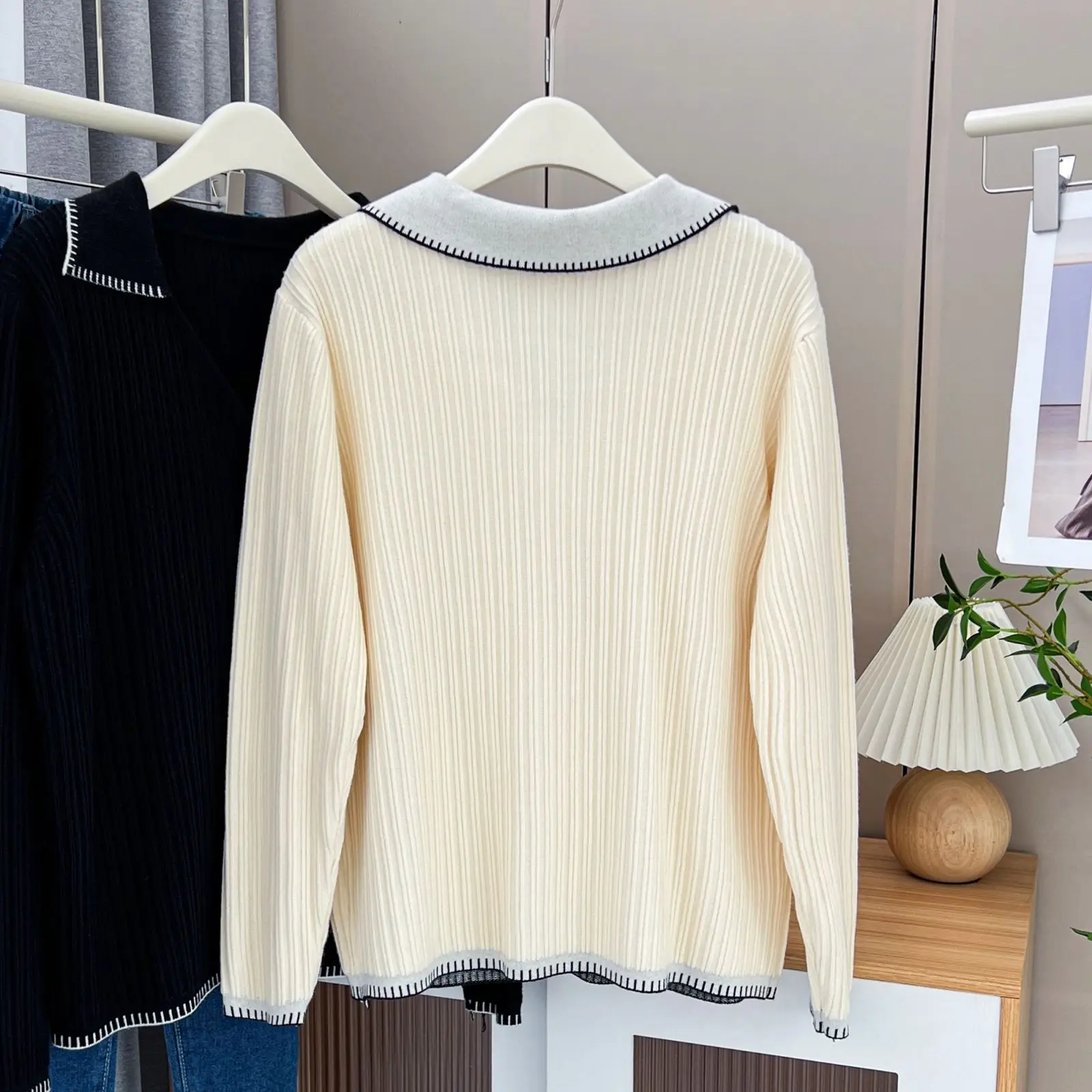 Simple Lapel V-Neck Knitted Cardigan Sweater Womens Plus Size Autumn Winter 2023 Casual Clothing Long Sleeve Jumpers H7 8001