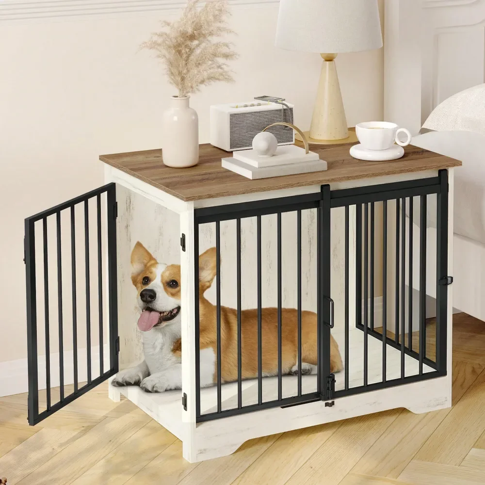 

Dog Crate Furniture, 32 Double Door Dog Crate With Barn Door, Dog Kennel Indoor, End Side Table Wooden Dog Crates For Small Med