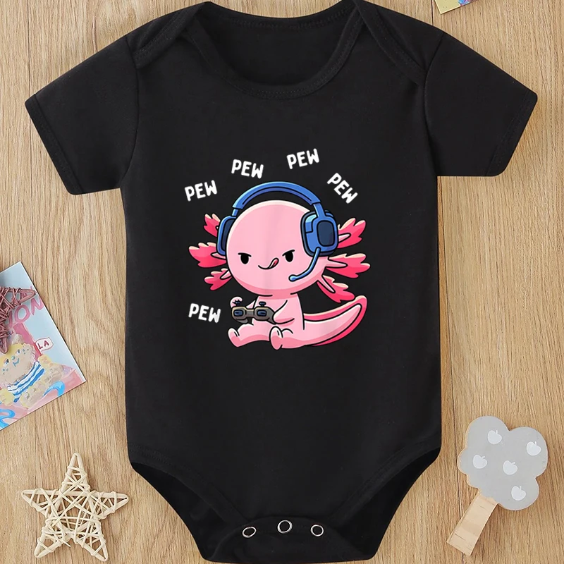 

Infant Axolotl Pew Print Cotton Bodysuit Summer Casual Short Sleeves Jumpsuit New Baby Boys Girls Round Neck Pure Color Clothing