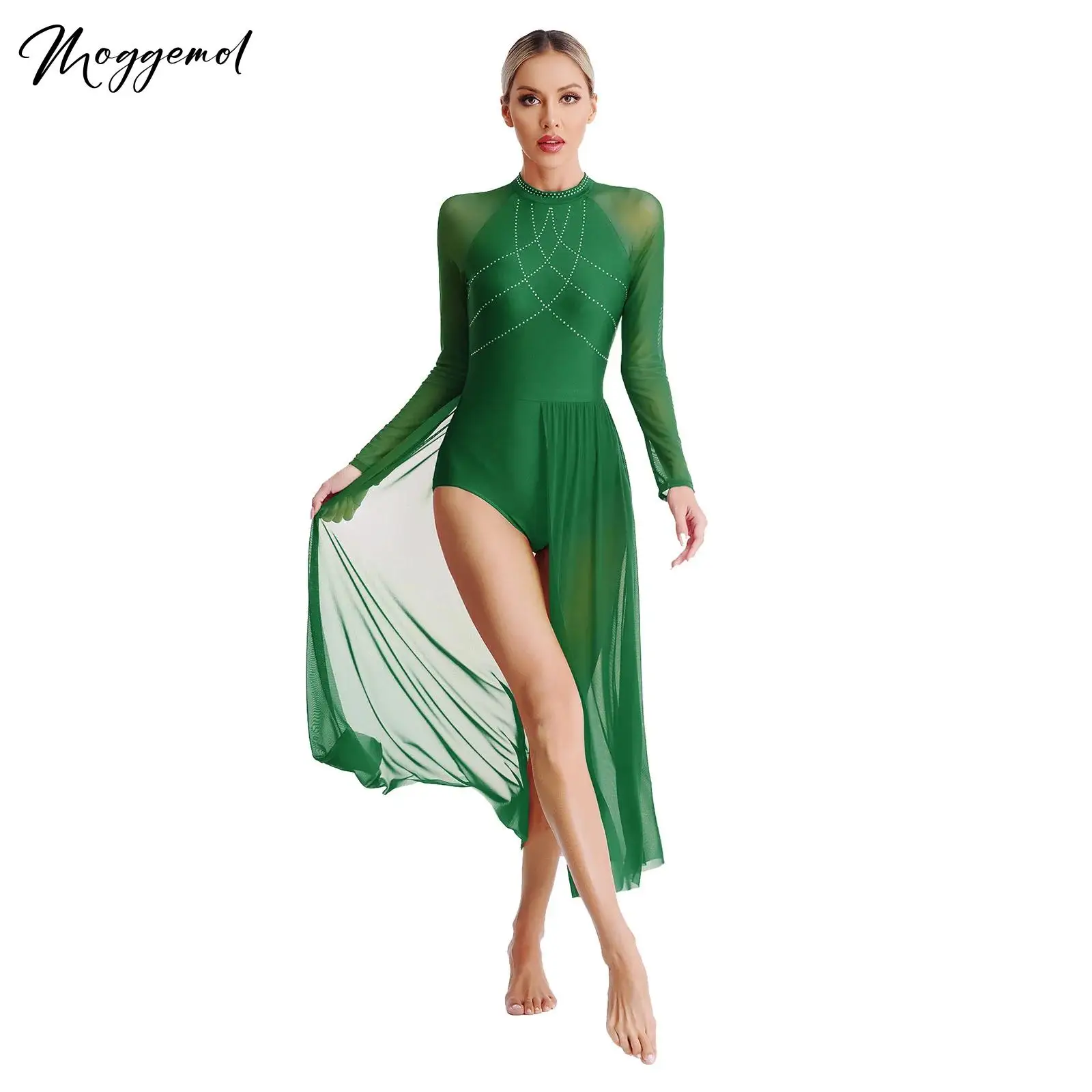 Womens Lyrical Dance Costume Leotard Dress Shiny Rhinestone Long Sleeve Sheer Flowy Tulle Split Dress for Performance Dancewear