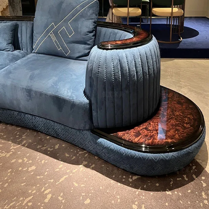 Italian High-End Modern Arc-Shaped Curved Blue Velvet Sofa Set Luxury Chenille High-Gloss Tree Tumor Design for Living Room