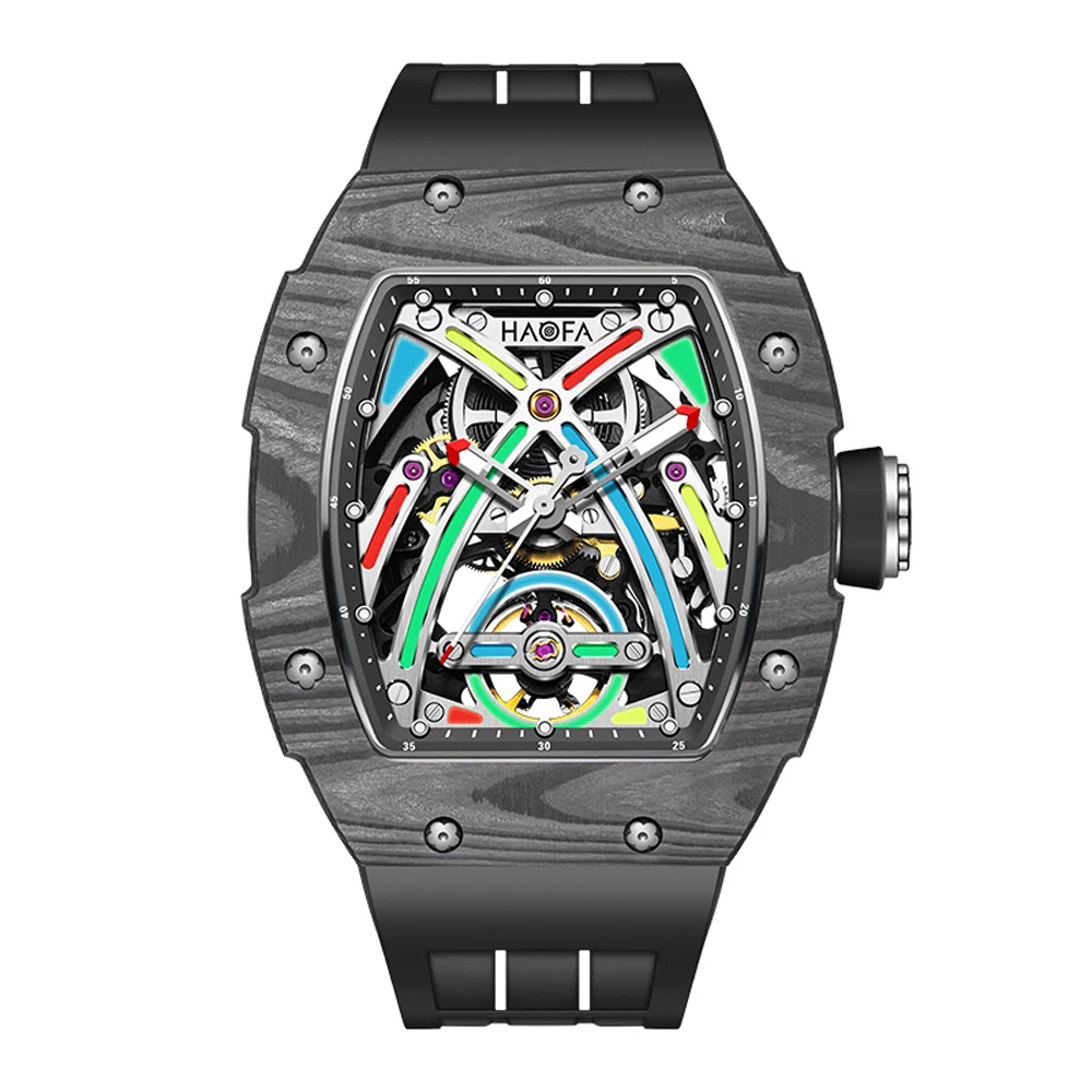 Haofa Automatic Mechanical Watch for Men Carbon Fiber Sapphire Mens Watches Luxury Skeleton Colorful Luminous Casual Watch 1970