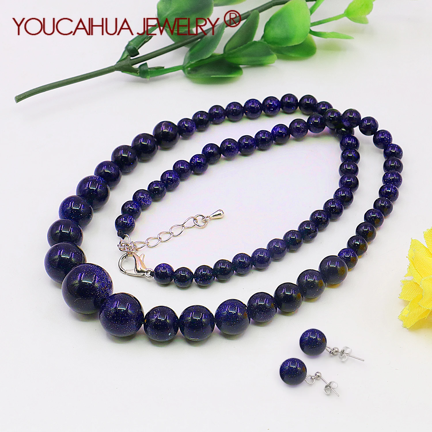 

6-14mm Natural Blue Sandstone Gems Round Bead Tower Necklace/Earring Set,Sparkling Jewelry Making Neckchain,Women's Gifts 18inch